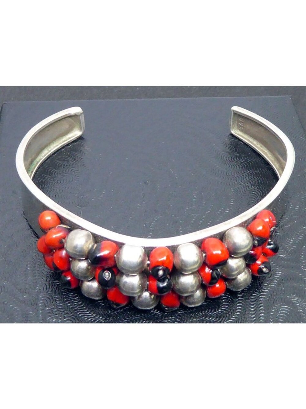 Vintage Peruvian 950 Silver & Huayruro Seed "Good Luck" Amulet Cuff Bracelet